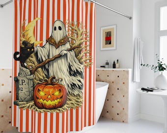 Tenda da doccia vintage di Halloween, con fantasma, zucca, gatto nero e lapide (180x188 cm)