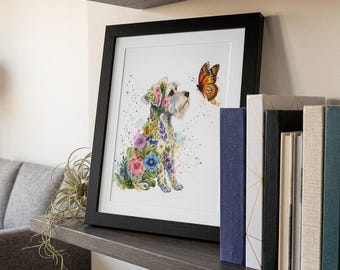 Stampa artistica ad acquerello di Schnauzer nano, decorazione murale floreale per cani, arte di animali domestici con farfalle (Cottagecore)
