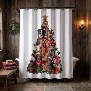 May include: A white shower curtain featuring a large, triangular graphic of various dogs and cats arranged to resemble a Christmas tree, topped with a gold star. The animals wear festive red and green scarves, sweaters, and Santa hats.