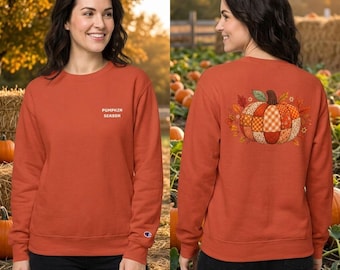 Felpa patchwork con zucca, stampa di foglie autunnali, girocollo in cotone e poliestere