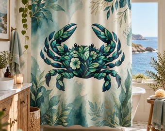 Tenda da doccia turchese con stampa botanica di granchi / Decorazione bagno in stile costiero, stampa naturalistica oceanica / 71x74"