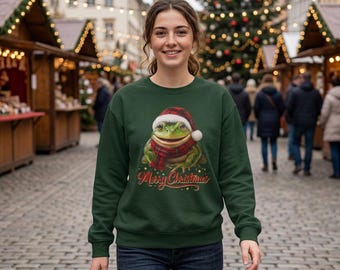 Felpa con rana in tartan rosso, cappello e sciarpa di Babbo Natale / Felpa girocollo con rana di Natale