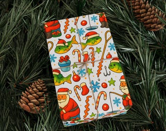 Santa Ice Fishing Christmas Wrapping Papers | Gift Wrap for Fishermen, Festive Holiday Wrapping, Nautical Gift Wrap, Fishing Themed Wrap