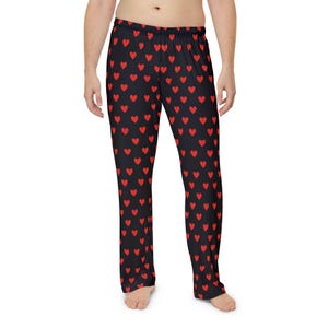 Red Heart Pattern Black Pajama Pants | Men's All-Over Print Lounge Pants | Soft and Cozy