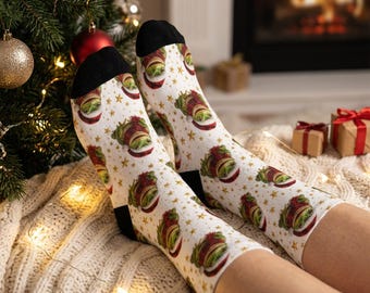 Calzini imbottiti con rana in tartan, cappello e sciarpa di Babbo Natale / Fantasia natalizia