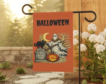 Bandiera da giardino vintage di Halloween / Stendardo da giardino con fantasma, zucca e gatto nero / Scena di cimitero di Halloween