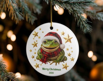 Decorazione natalizia in ceramica a forma di rana con cappello di Babbo Natale a quadri scozzesi rossi / Buon Natale 2026