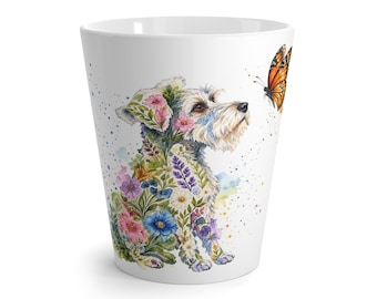 Tazza da latte con Schnauzer nano floreale e farfalla / Illustrazione di cane ad acquerello / 355 ml