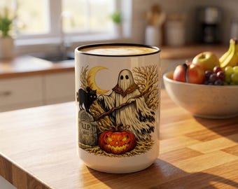 Tazza in ceramica vintage con fantasma, zucca e gatto / Scena di cimitero di Halloween / 11 oz e 15 oz
