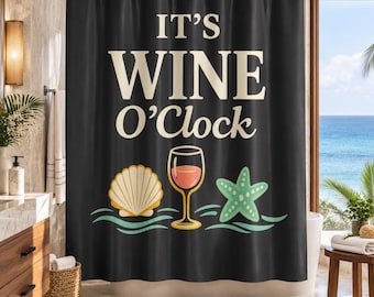 Tenda da doccia Coastal Wine O'Clock / Design con stelle marine e conchiglie blu navy e verde acqua (71x74")