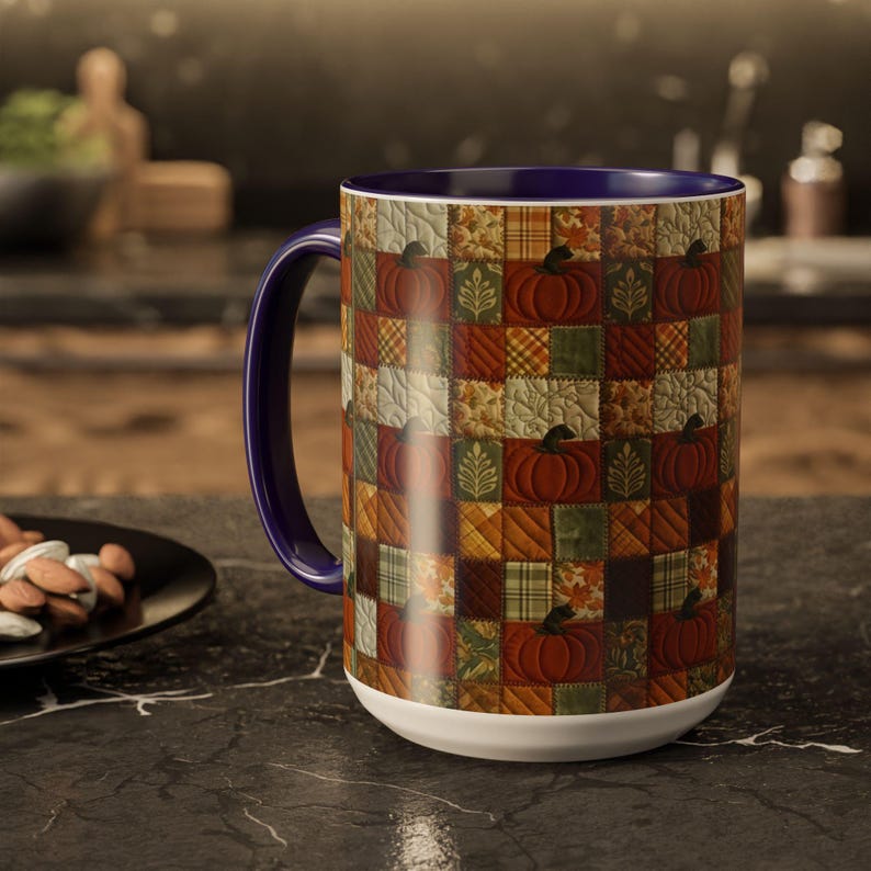Tazza con motivo a zucche patchwork / Tazza con motivo autunnale a zucche / 11 oz e 15 oz Blue