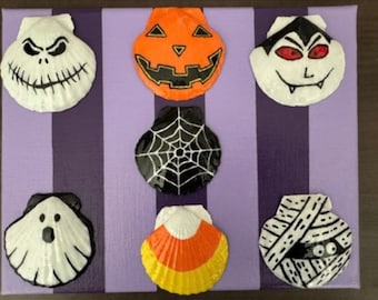 Conchiglie di Halloween dipinte a mano, decorazioni autunnali in stile costiero, complementi d'arredo autunnali artigianali.