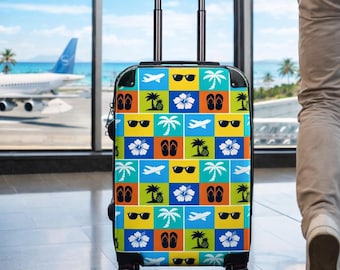Warhol-Inspired Tropical Travel Icons Suitcase | Palm Tree Plane Sunglasses Flip-Flops Pattern