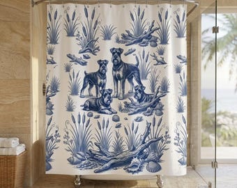 Tenda da doccia con motivo toile de Jouy blu e Schnauzer nano costiero / Bagno in stile cottage costiero / 71"x74"