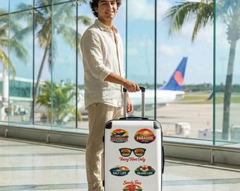 Beach Vacation Vintage Badges Suitcase | Vacay Vibes Only Travel Luggage | Retro Coastal Hard Cover Suitcase Gift for Travelers