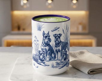 Tazza in ceramica blu e bianca con motivo Schnauzer nano costiero (325 ml/440 ml)