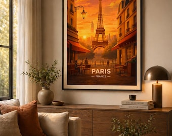 Paris Poster Eiffel Tower Sunset Wall Art France City Print