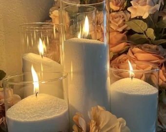 Conjunto de 3 vasos cilíndricos de vidro para cera de areia perolada - Decoração de casamento - Centro de mesa
