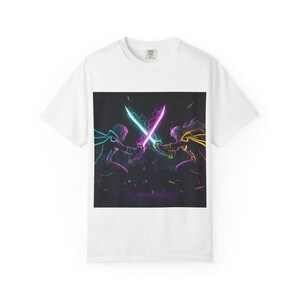 Game-Inspired Graphic Tee: Unisex Gamer Shirt, Neon Sword Fight