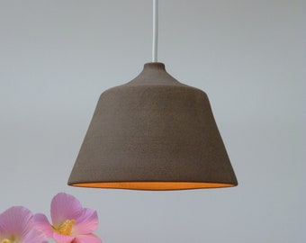 Ceramic Pendant light, Chocolate brown stoneware bell, Hanging lamp.