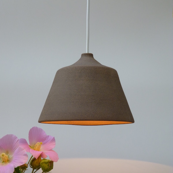 Ceramic Pendant light, Chocolate brown stoneware bell, Hanging lamp.