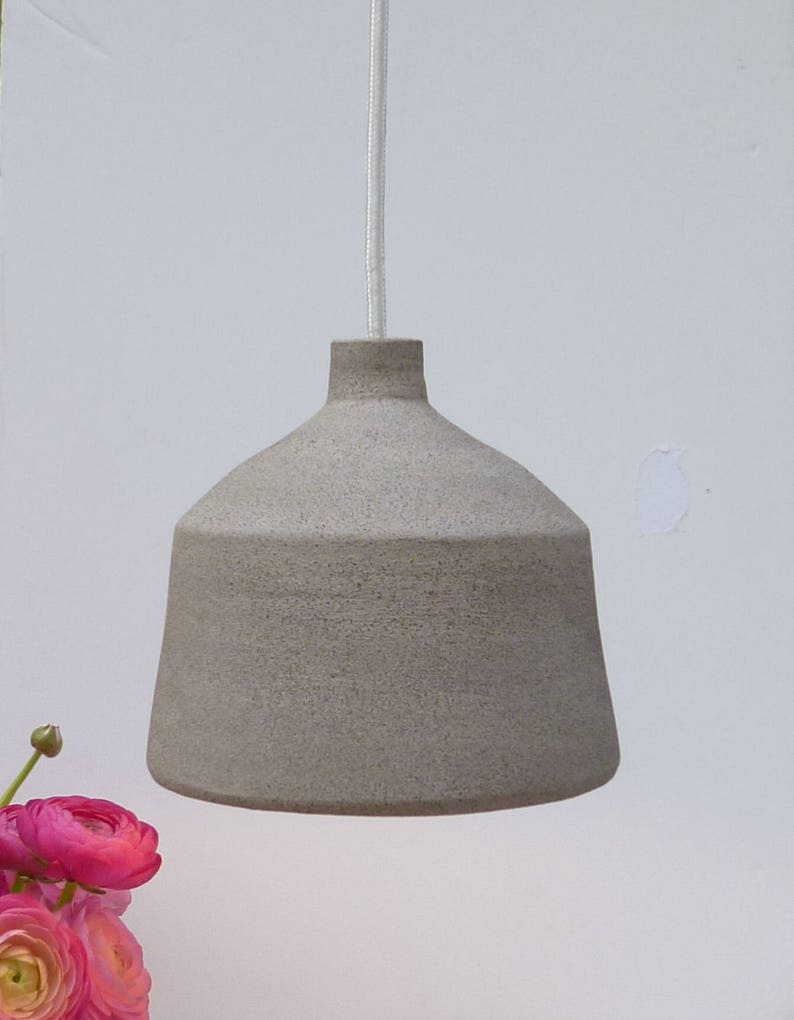 Ceramic Pendant light, Light Gray stoneware bell, Hanging lamp. image 1