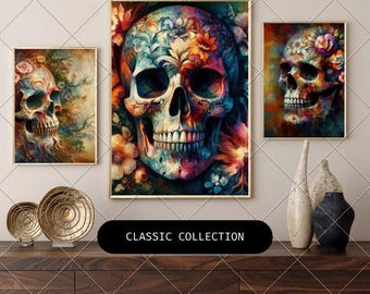 Floral Skull Art Print: Gothic Tattoo-Inspired Wall Decor