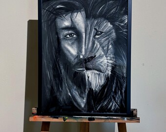 Jesus and the Lion | Split Portrait |Charcoal Artwork | Christian Art