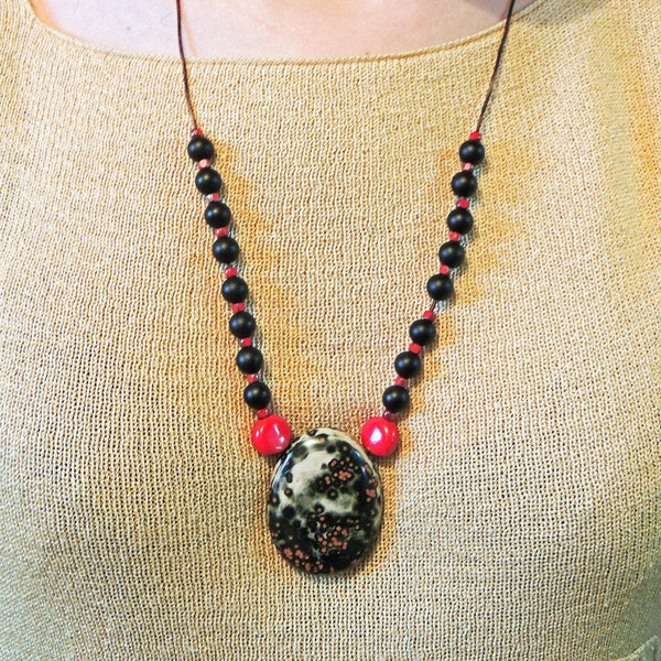 Ocean jasper necklace raku ceramics black Agates Czech beads silk