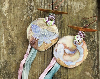 Earrings hooks copper "Envolée under the waves" ceramics creator, silk of Sary