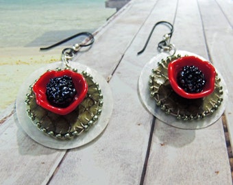 Coquelicots des champs boucles d'oreilles python nacre et verre filé créateur