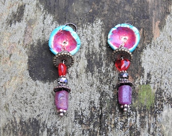 Nobium earrings with Natural rough ruby beads, swarovski crystals and Zolanna ceramics