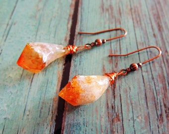 Pierced ears Citrine raw copper 28 * 15mm 30g