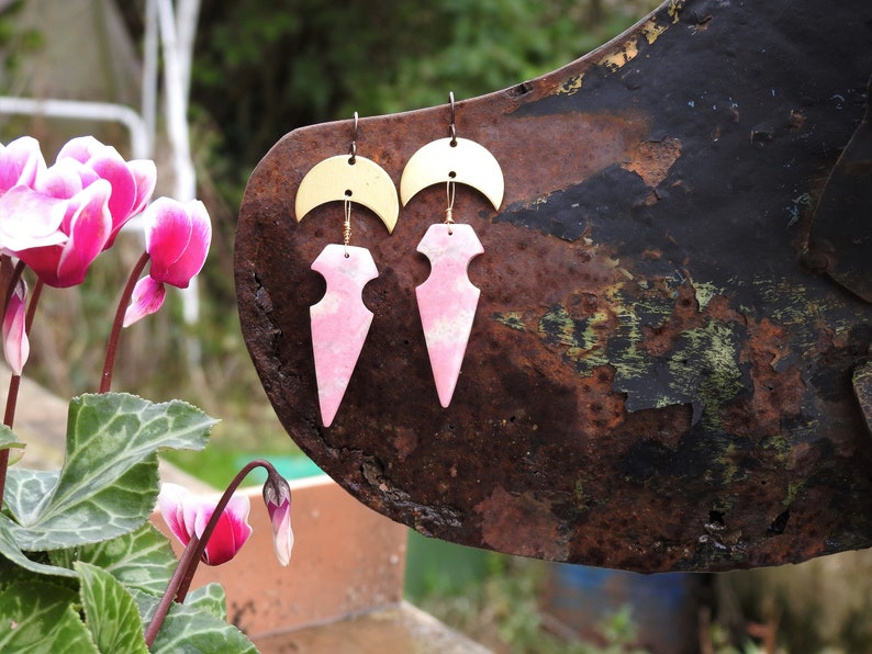 Boucles d'oreilles crochets en niobium pierres de Rhodonites de 44/16mm lunes en laiton image 6