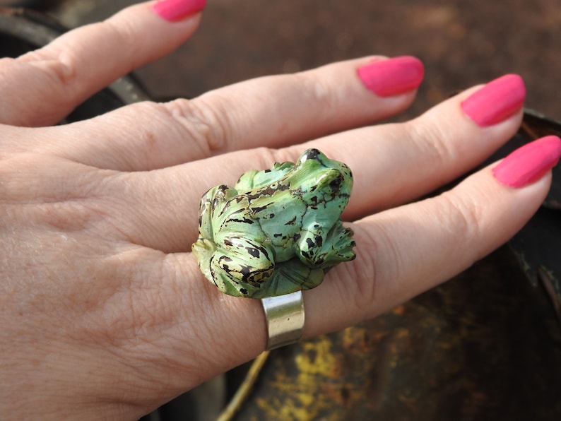 Bague ajustable en argent 925 grenouille sculptée dans une magnifique turquoise de 28/28mm image 9