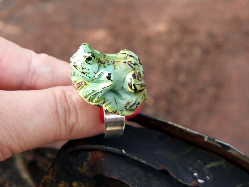 Bague ajustable en argent 925 grenouille sculptée dans une magnifique turquoise de 28/28mm image 6