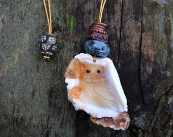 56 / 36mm Brown Agate Owl Necklace, Moo Ceramic and Golden Leather