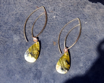 Earrings gold plated hooks 43mm yellow opal pendants 25 / 14mm