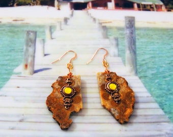 Gold filled earrings Coral fossilized coral and filigree