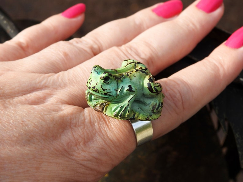 Bague ajustable en argent 925 grenouille sculptée dans une magnifique turquoise de 28/28mm image 7