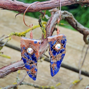 Boucles d'oreilles créoles cuivres tranches de Sodalite 53/23mm strass image 2