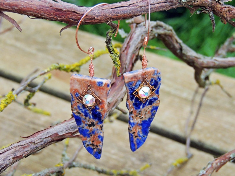 Boucles d'oreilles créoles cuivres tranches de Sodalite 53/23mm strass image 2