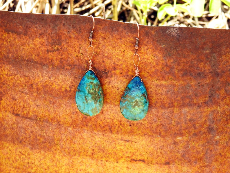 Earrings brass hooks Seen from space on Earth Chrysocolla 31 18mm