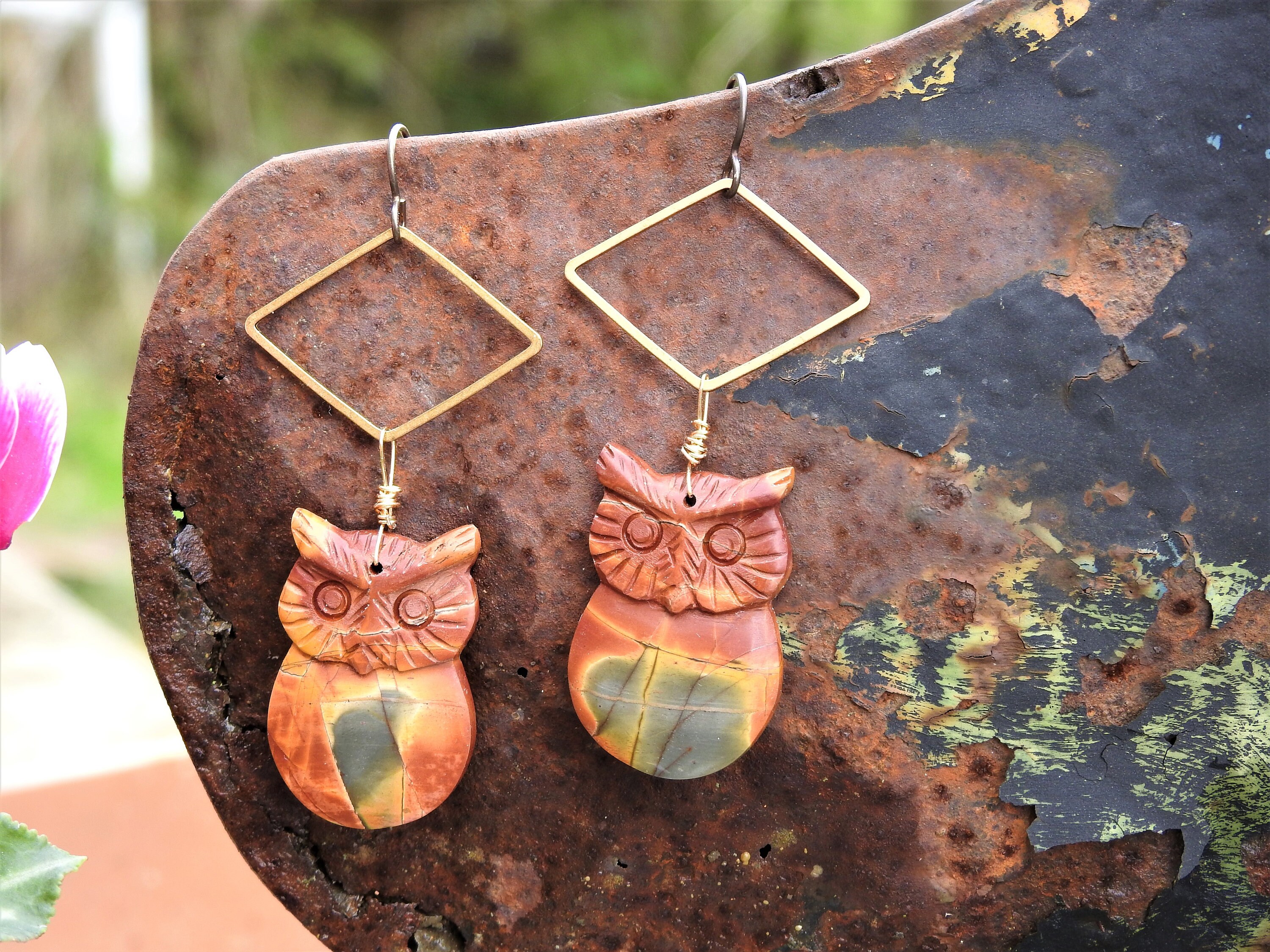 Boucles d'oreilles crochets en niobium Hiboux en Jaspe Picasso de 32/21mm