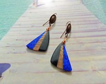 Boucles d'oreilles en cuivre tranches 34*20mm lapis lazuli, Hematite et pierre du soleil