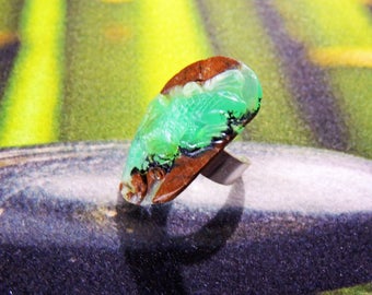 Bague en argent 925 ajustable pierre sculptée gecko sur Chrysoprase de 40*23mm