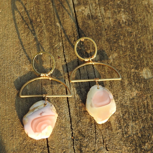 Golden creole stem earrings with natural pink Agate slices 26 / 18mm