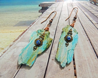 copper earrings ear hooks and slices of blue opals old beads