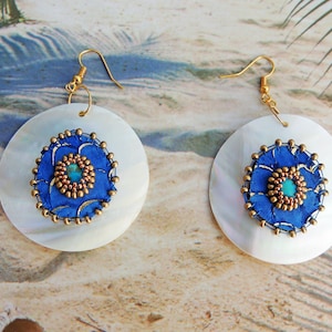 Turquoise Earrings embroidered leather Tilapia and pearls