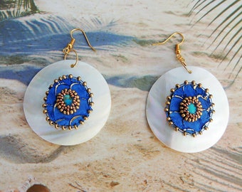 Turquoise Earrings embroidered leather Tilapia and pearls